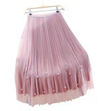 Bjlxn Both Sides Wear Pearls Mesh Skirt Women Summer Velvet High Waist Long Skirts Woman Solid Color A Line Pleated Skirts