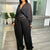 Bjlxn Ladies Long Sleeved Black V-Neck Top Loose Stitching Pleated Wide Leg Pants Two-Piece Set