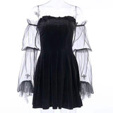 Bjlxn Gothic Sexy Dress Vintage Off Shoulder Lantern Sleeve Mesh Patchwork Mini Dress Dark Street Black Dress Female