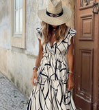 2023 Spring and Summer New Geometric Print V-neck Ruffled Long Dress