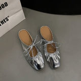 Ballet flats women Leather Shoe Women Narrow Band Silver Flats Bling Bling Gold Round Toe 2023 Spring Footwear