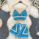 Knitted Crochet Two Piece Set Women Sexy V-Neck Cropped Tank Top and High Waist Shorts Matching Summer 2023 Beach Outfits