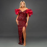 Sexy Women Even Dress Sequin Off Shoulder Fluffy Sleeve High Slit Velvet Robes Big Size Maxi Long Formal Party Evening Prom Gown