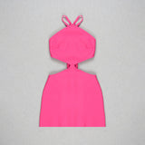 Summer New Arrival Sleeveless Halter Sexy Fuchsia High Waist Bow Bandage Hollow Out Slim Short Mini Dress GE914