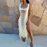 Summer Ripped Knitting Tank Dress Beach Bathing Women Sleeveless Crochet Hollow out High Split Bikini Cover Ups Sexy Swimwear