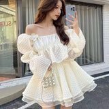 New Summer Korean Sweet Two Piece Set Women Short Shirt Blouse Crop Top + Mesh Cake Skirt Suits Fashion Fairy 2 Piece Suits