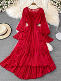 Bjlxn Holiday Style Ankle Length Long Dresses Women  Spring New V Neck Puff Sleeve Lace Elegant Evening Party Summer Dress