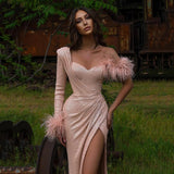 Sumnus Blush Pink One Shoulder Long Sleeves Sequined Prom Dress High Slit Feather Evening Dress Long Party Dress Robe De Ba