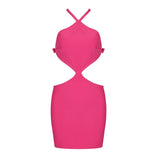 Summer New Arrival Sleeveless Halter Sexy Fuchsia High Waist Bow Bandage Hollow Out Slim Short Mini Dress GE914