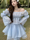 New Summer Korean Sweet Two Piece Set Women Short Shirt Blouse Crop Top + Mesh Cake Skirt Suits Fashion Fairy 2 Piece Suits