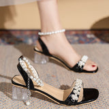 Fashion Pearl Ankle Strap Sandals for Women 2023 Summer Transparent Square Heels Sandalias Mujer String Bead Party Shoes Woman