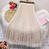 Bjlxn Both Sides Wear Pearls Mesh Skirt Women Summer Velvet High Waist Long Skirts Woman Solid Color A Line Pleated Skirts