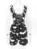 Bjlxn Bat Pattern Overalls Gothic Emo Printed Bodysuits Women Grunge Punk Bodycon Aesthetic Sexy Club Rompers with Pockets