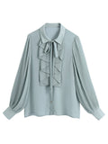 Bjlxn Snican pleated sleeve cascading ruffle bow tie office ladies blouse chic fashion female tops women camisas femininas Chiffon New