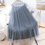 Bjlxn Both Sides Wear Pearls Mesh Skirt Women Summer Velvet High Waist Long Skirts Woman Solid Color A Line Pleated Skirts