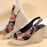 Bohemian Style Print Wedge Sandals for Women Peep Toe Chunky Platform Shoes Woman Summer Thick Bottom Gladiator Sandalias Mujer