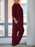 2PCS Autumn Matching Sets Women Fashion Solid 3/4 Sleeve Blouse Casual Loose Wide Leg Trousers Cotton Pant Sets Oversize Suits