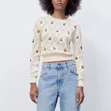 Spring Women Flowers Embroidery Jumpers Fashion Knitting Sweater Female Chic Basic O Neck Long Sleeve Pullovers Tops