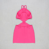 Summer New Arrival Sleeveless Halter Sexy Fuchsia High Waist Bow Bandage Hollow Out Slim Short Mini Dress GE914