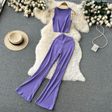 Women Casual Pants Set Fashion Bodycon Slim Short Tank Top +Striped Wide Legs Long Pants Solid Summer Two Piece Suit