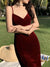 Summer Women Sexy Velvet Spaghetti Strap Bodycon Dress Femme Split High Waist Midi Dress Evening Party Vestdios
