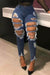 Bjlxn - Deep Blue Street Solid Ripped Patchwork Pocket Buttons Zipper High Waist Skinny Denim Jeans