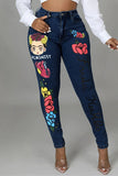 Bjlxn - Light Blue Fashion Casual Print Patchwork Mid Waist Skinny Denim Jeans