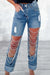 Bjlxn - Light Blue Street Solid Ripped Chains Loose Denim Jeans