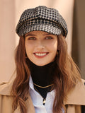 Bjlxn - Vintage Contrast Color Houndstooth Plaid Woolen Hat