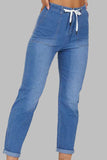 Bjlxn - Baby Blue Casual Solid Make Old Patchwork Draw String Mid Waist Straight Denim Jeans