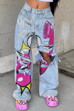 Bjlxn - Baby Blue Street Cartoon Print Ripped Mid Waist Loose Denim Jeans