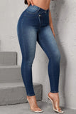 Bjlxn - Deep Blue Casual Solid Patchwork High Waist Skinny Denim Jeans