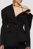 Bjlxn - Black Elegant Solid Bandage Buttons Oblique Collar Outerwear