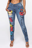 Bjlxn - Light Blue Fashion Casual Print Patchwork Mid Waist Skinny Denim Jeans