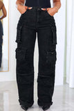 Bjlxn - Fluorescent Pink Casual College Solid Ripped Make Old Patchwork Pocket High Waist Denim Jeans