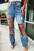 Bjlxn - Light Blue Street Solid Ripped Chains Loose Denim Jeans