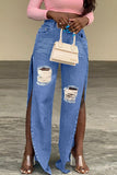 Bjlxn - Blue Sexy Street Solid Ripped Patchwork Slit High Waist Denim Jeans