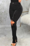 Bjlxn - Black Casual Solid Ripped Patchwork Slit High Waist Denim Jeans