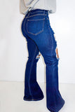 Bjlxn - Deep Blue Fashion Casual Solid Ripped High Waist Regular Denim Jeans