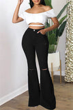 Bjlxn - Black Fashion Casual Solid Ripped High Waist Regular Denim Jeans