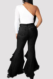 Bjlxn - Black Fashion Casual Solid Patchwork High Waist Regular Denim Jeans