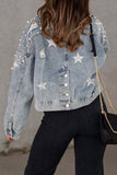 Bjlxn - Light Blue Casual Solid Beading Turndown Collar Long Sleeve Denim Jacket