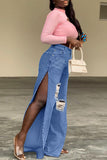 Bjlxn - Blue Sexy Street Solid Ripped Patchwork Slit High Waist Denim Jeans