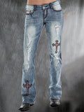 Bjlxn - Baby Blue Motorpunk Cross Pattern Denim Trousers