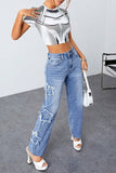 Bjlxn - Blue Casual Solid Patchwork High Waist Straight Denim Jeans