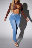 Bjlxn - Deep Blue Casual Solid Patchwork High Waist Skinny Denim Jeans