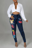 Bjlxn - Light Blue Fashion Casual Print Patchwork Mid Waist Skinny Denim Jeans