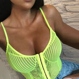 OMSJ Newest Women Neon Green Orange Stripe Lace Bodysuit One Piece Sheer Sexy Floral Embroidery Playsuit Night Out outfits Party