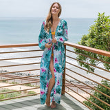 Leaves Print Bikini Beach Cover up Tunics for Beach Long Kaftan Bikini Cover up Robe de Plage Sarong Beach Swimsuit cover-ups - Bjlxn