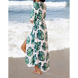 Leaves Print Bikini Beach Cover up Tunics for Beach Long Kaftan Bikini Cover up Robe de Plage Sarong Beach Swimsuit cover-ups - Bjlxn